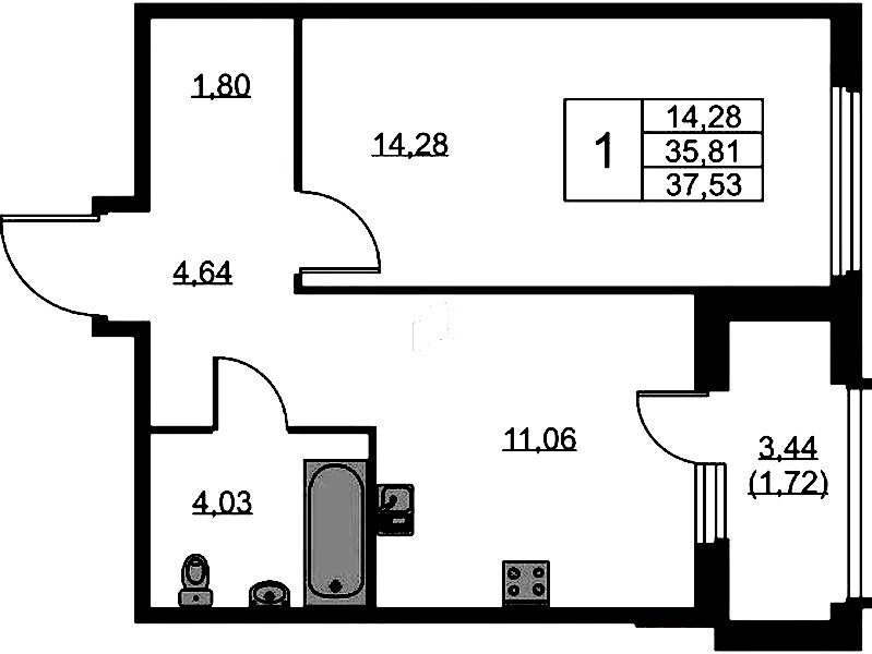 1-комнатная квартира 37.53 м², 8/15 эт., ЖК «GloraX Парголово»